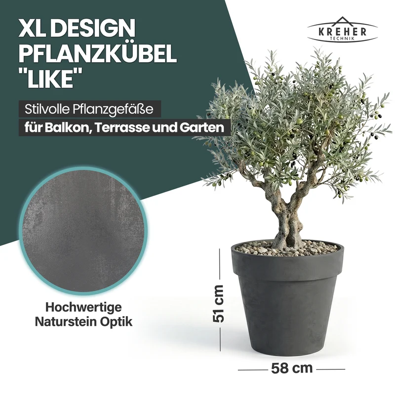 2 x XL Pflanzkübel / Pflanztopf „LIKE“ Ø 58 x H 51 cm - Anthrazit - Rund, Rollbar - in Natur Stein Optik