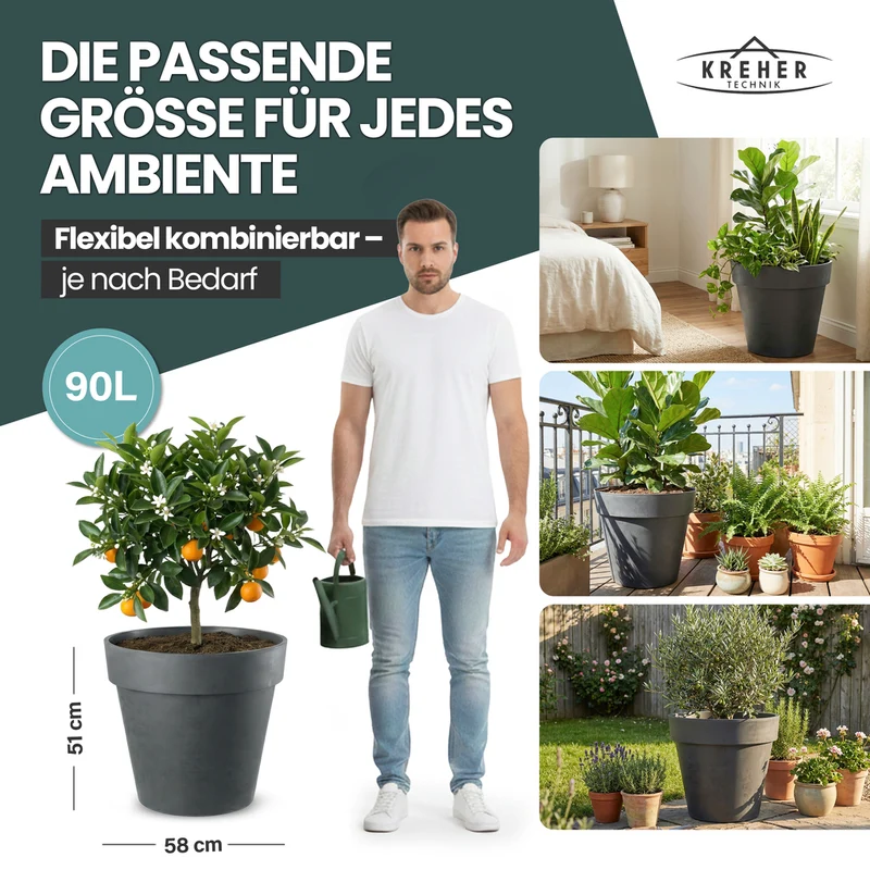 2 x XL Pflanzkübel / Pflanztopf „LIKE“ Ø 58 x H 51 cm - Anthrazit - Rund, Rollbar - in Natur Stein Optik