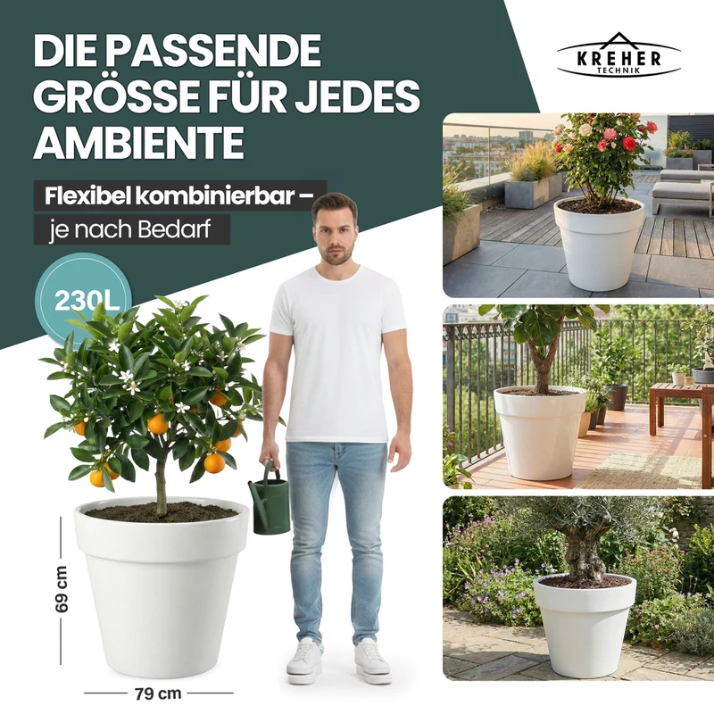 2 x XXL Pflanzkübel / Pflanztopf „LIKE“ Ø 79 x H 69 cm - Weiß - Rund, Rollbar - in Natur Stein Optik