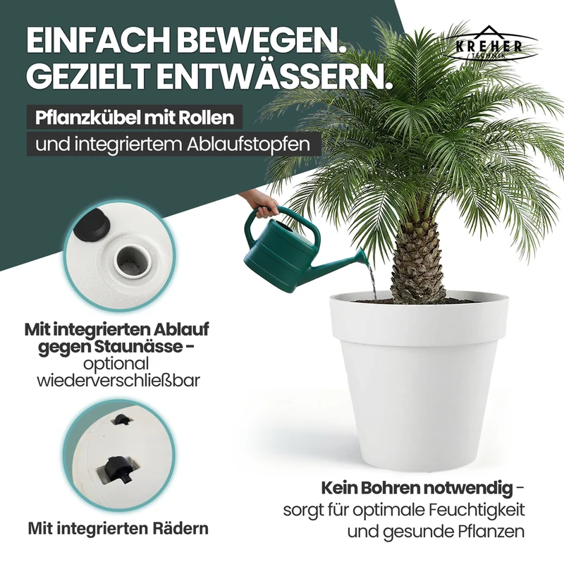 2 x XXL Pflanzkübel / Pflanztopf „LIKE“ Ø 79 x H 69 cm - Weiß - Rund, Rollbar - in Natur Stein Optik