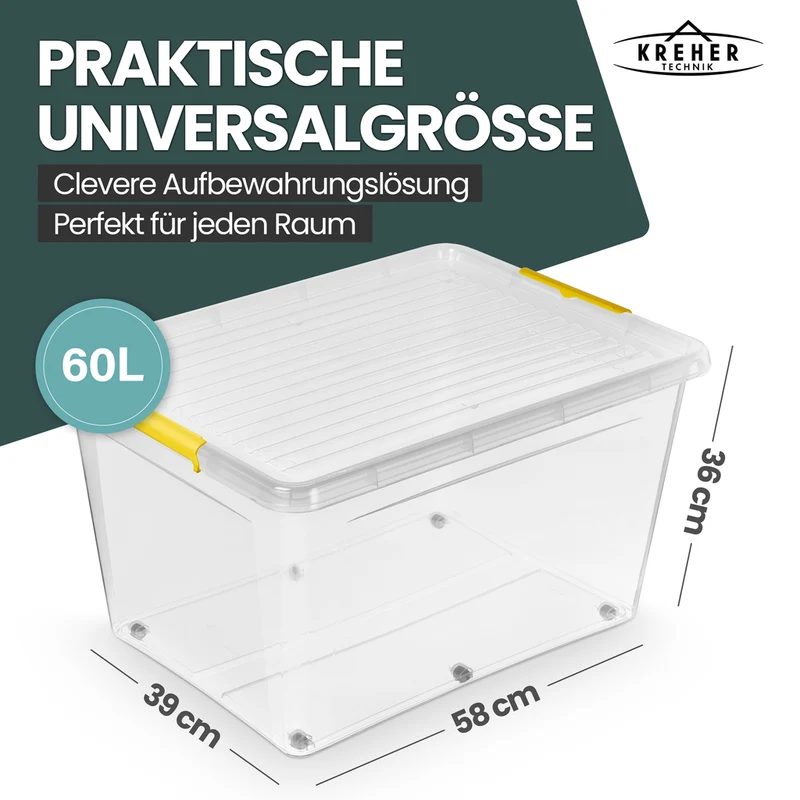 Aufbewahrungsbox 'Simple Store' mit Deckel transparent - stapelbare Kunststoffbox mit Rollen & Clips - 60 Liter (Set wählbar)