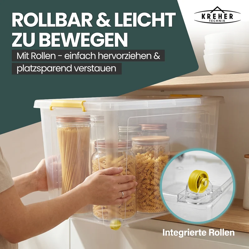 Aufbewahrungsbox 'Simple Store' mit Deckel transparent - stapelbare Kunststoffbox mit Rollen & Clips - 60 Liter (Set wählbar)