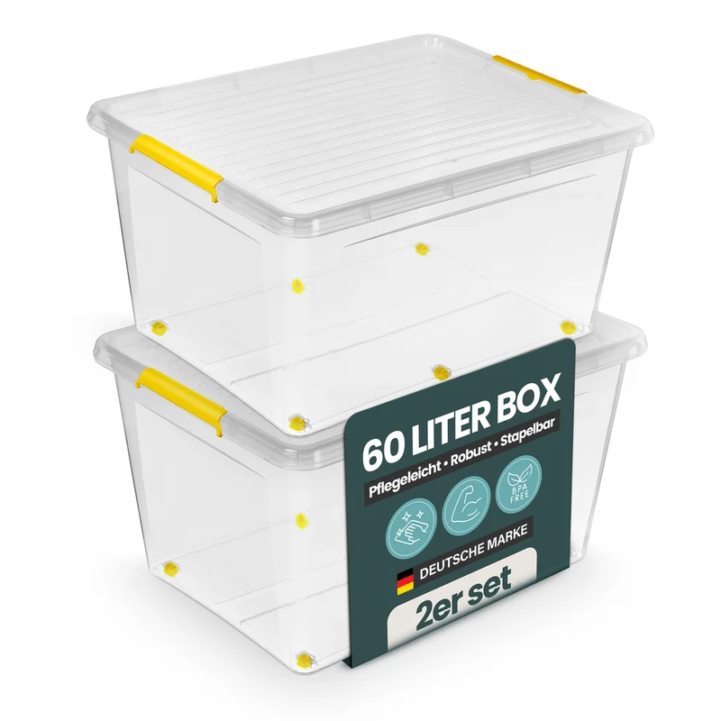 Aufbewahrungsbox 'Simple Store' mit Deckel transparent - stapelbare Kunststoffbox mit Rollen & Clips - 60 Liter (Set wählbar)
