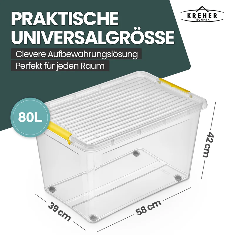 Aufbewahrungsbox 'Simple Store' mit Deckel transparent - stapelbare Kunststoffbox mit Rollen & Clips - 80 Liter (Set wählbar)