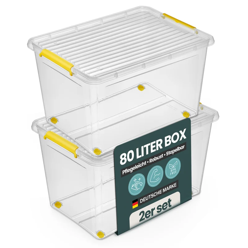 Aufbewahrungsbox 'Simple Store' mit Deckel transparent - stapelbare Kunststoffbox mit Rollen & Clips - 80 Liter (Set wählbar)