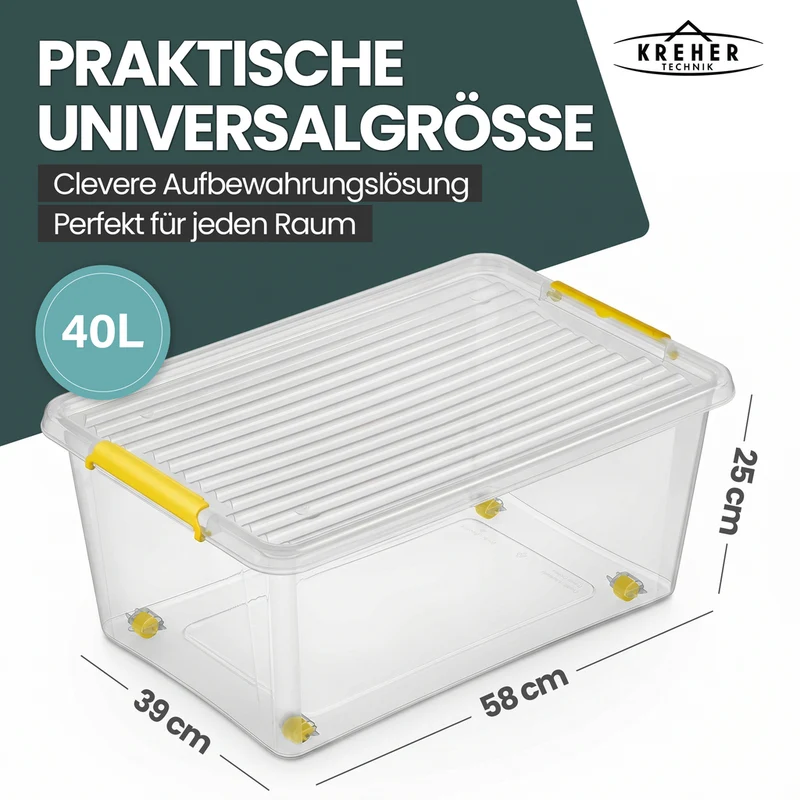 Aufbewahrungsbox 'Simple Store' mit Deckel transparent - stapelbare Kunststoffbox mit Rollen & Clips - 40 Liter (Set wählbar)