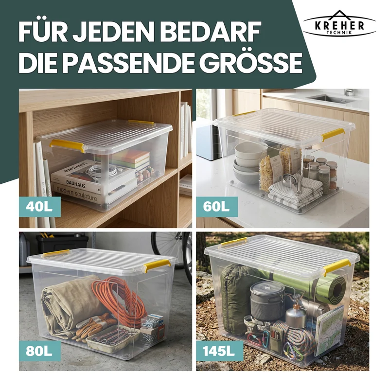 Aufbewahrungsbox 'Simple Store' mit Deckel transparent - stapelbare Kunststoffbox mit Rollen & Clips - 40 Liter (Set wählbar)