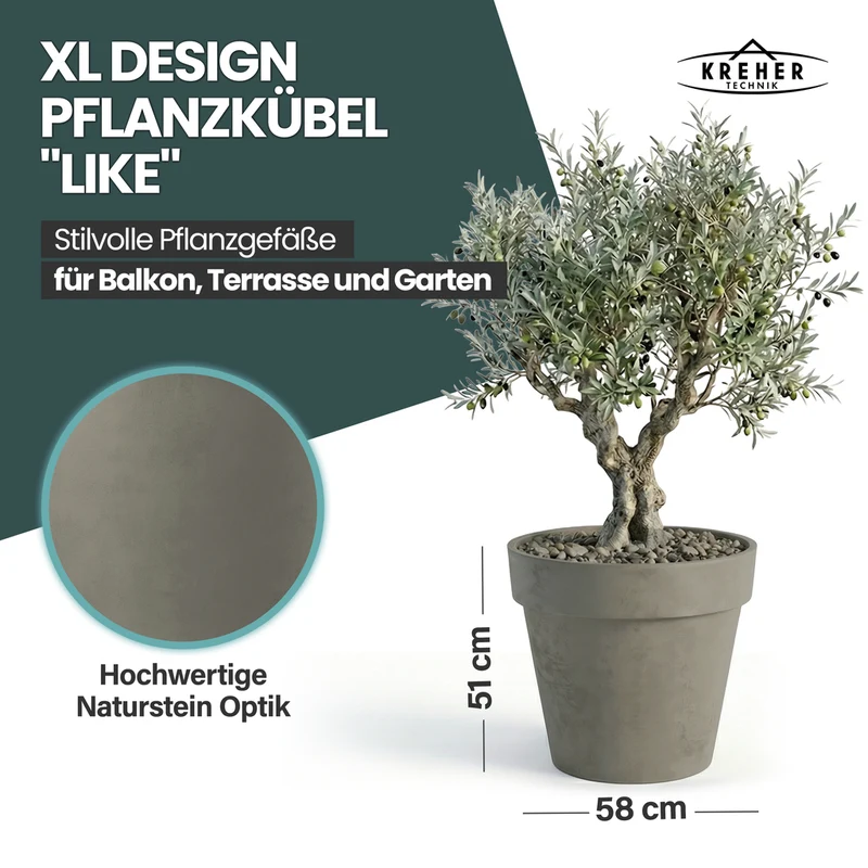 2 x XXL Pflanzkübel / Pflanztopf „LIKE“ Ø 79 x H 69 cm - Braun - Rund, Rollbar - in Natur Stein Optik
