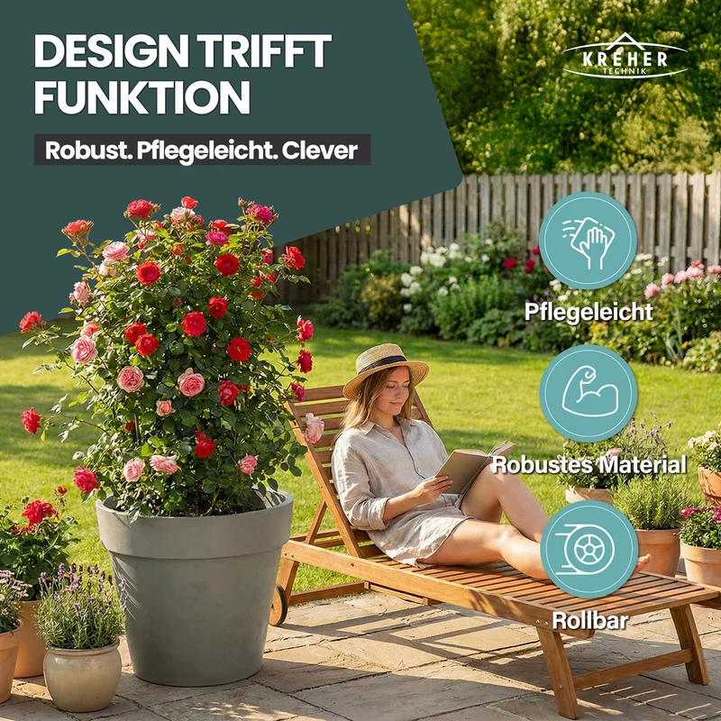 2 x XXL Pflanzkübel / Pflanztopf „LIKE“ Ø 79 x H 69 cm - Braun - Rund, Rollbar - in Natur Stein Optik