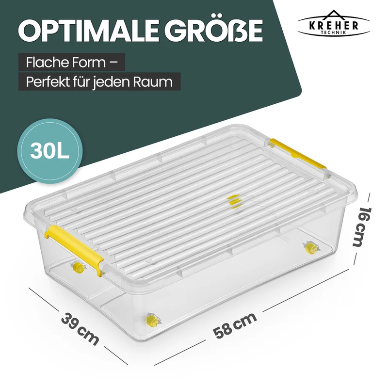 Aufbewahrungsbox 'Simple Store' mit Deckel transparent - stapelbare Kunststoffbox mit Rollen & Clips - 30 Liter (Set wählbar)