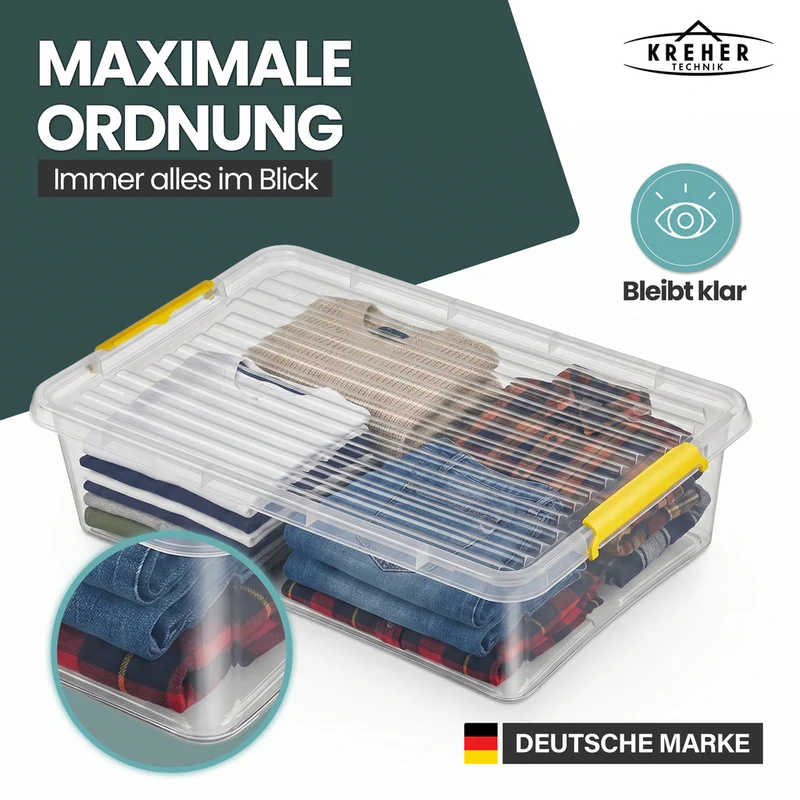 Aufbewahrungsbox 'Simple Store' mit Deckel transparent - stapelbare Kunststoffbox mit Rollen & Clips - 30 Liter (Set wählbar)