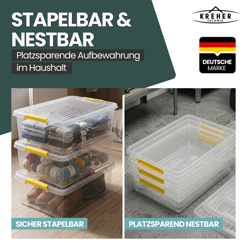 Aufbewahrungsbox 'Simple Store' mit Deckel transparent - stapelbare Kunststoffbox mit Rollen & Clips - 30 Liter (Set wählbar)