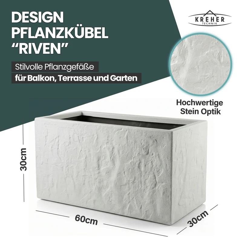 Pflanzkasten 'Riven' in Hellgrau - Blumentopf aus Kunststoff - Steinoptik - 60x30x30 cm