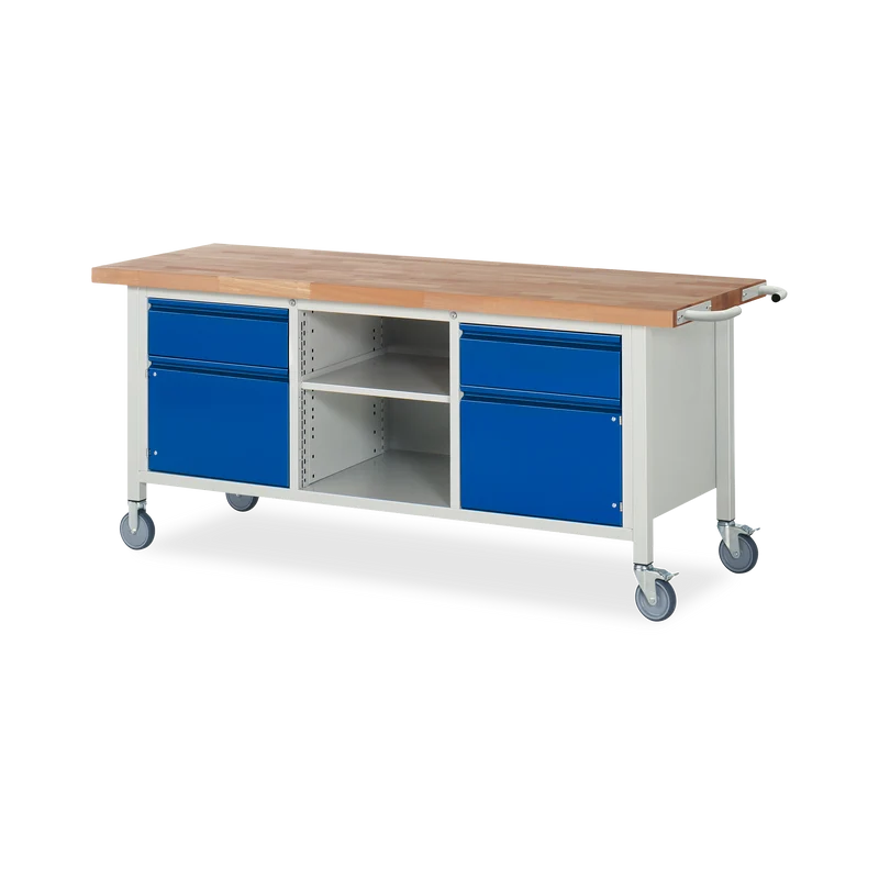 Fahrbare Werkbank (Absenkbar) mit Ablagefach ink. 2x Schubladen und 2x Türen