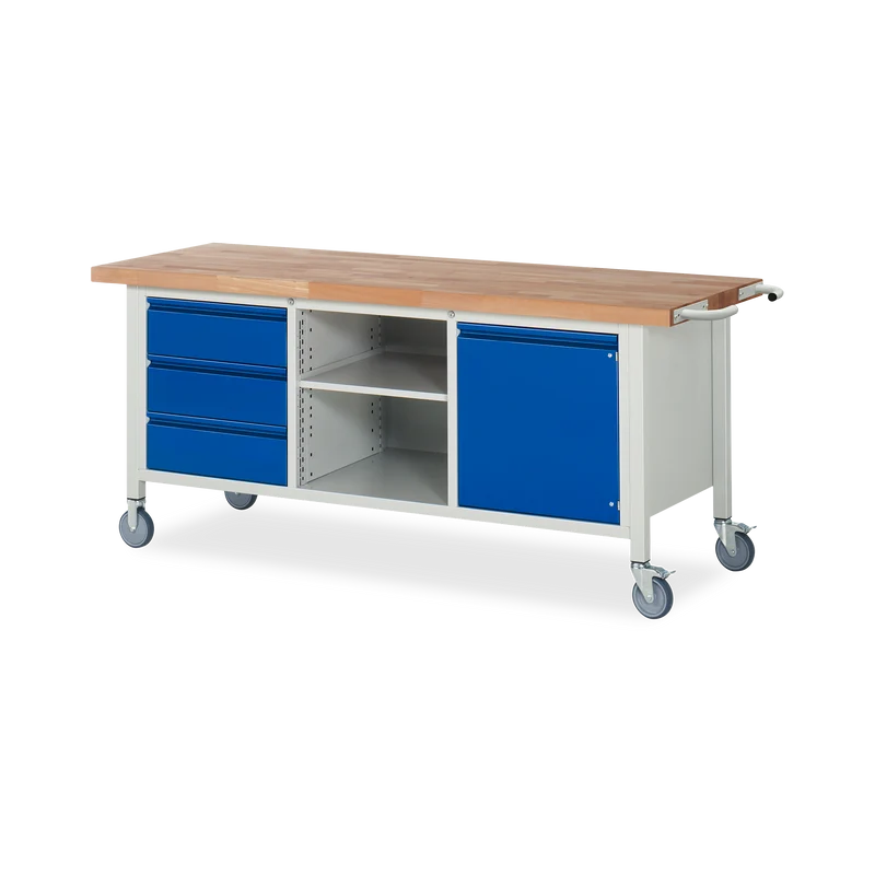 Fahrbare Werkbank (Absenkbar) mit Ablagefach ink. 3x Schubladen und 1x Türe