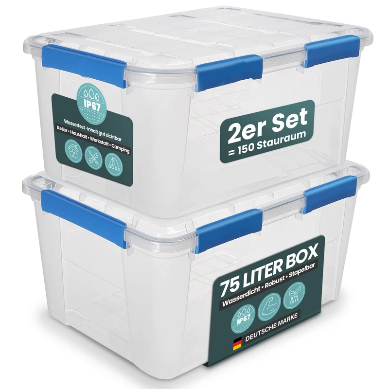Wasserdichte Box (IP67) mit Deckel 75 Liter Volumen (Set wählbar)
