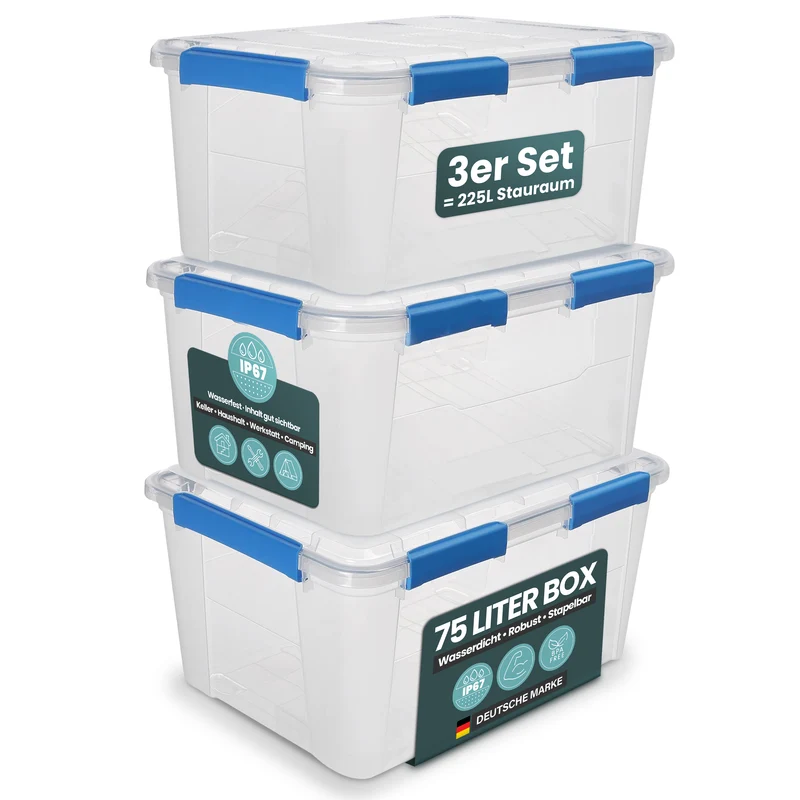 Wasserdichte Box (IP67) mit Deckel 75 Liter Volumen (Set wählbar)