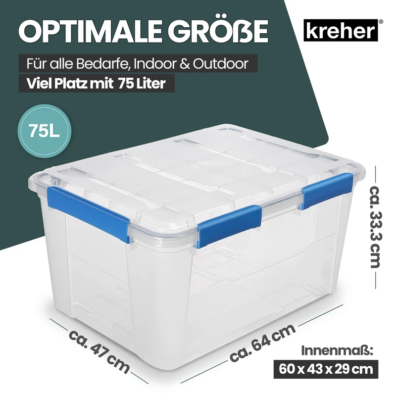 Wasserdichte Box (IP67) mit Deckel 75 Liter Volumen (Set wählbar)