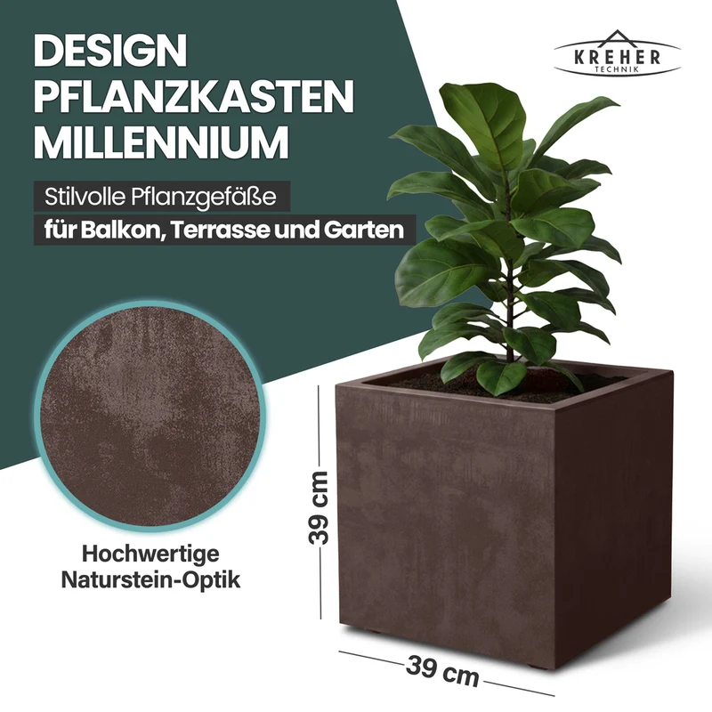 XL Pflanzkübel 'Millennium' 40 Liter, eckig in Braun
