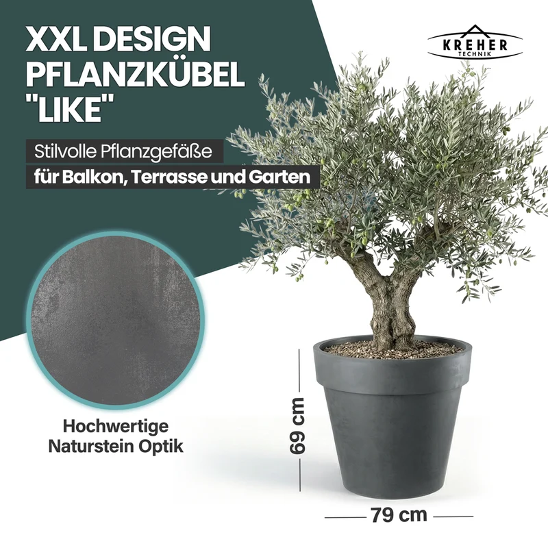 XXL Pflanzkübel / Pflanztopf „LIKE“ Ø 79 x H 69 cm - Anthrazit - Rund, Rollbar - in Natur Stein Optik