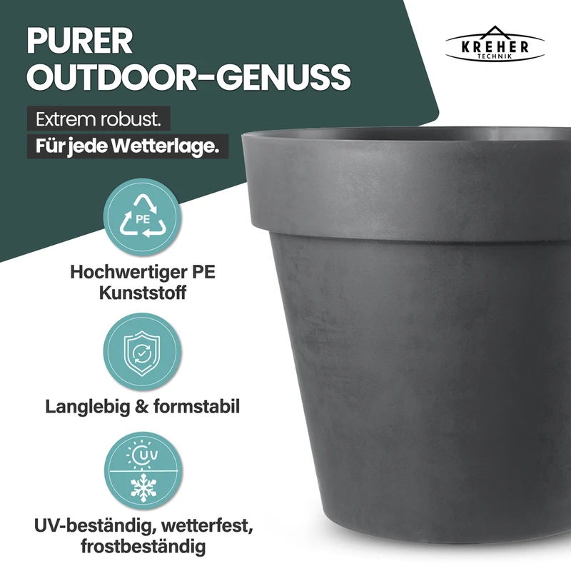 XXL Pflanzkübel / Pflanztopf „LIKE“ Ø 79 x H 69 cm - Anthrazit - Rund, Rollbar - in Natur Stein Optik
