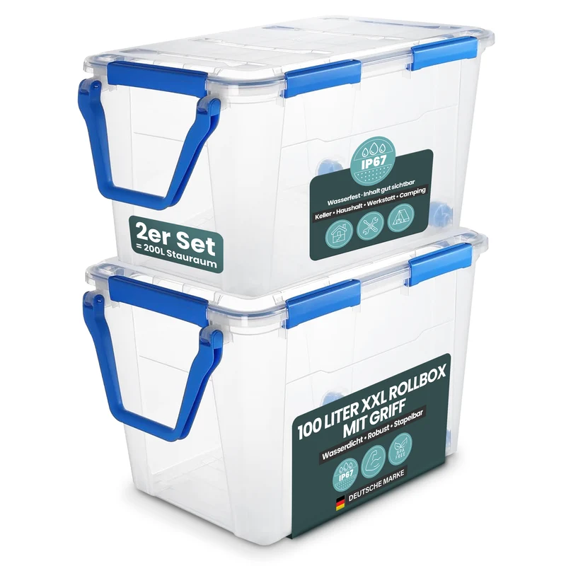 Wasserdichte Box (IP67) mit Deckel und Rollen 100 Liter Volumen (Set wählbar)