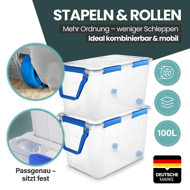 Wasserdichte Box (IP67) mit Deckel und Rollen 100 Liter Volumen (Set wählbar)