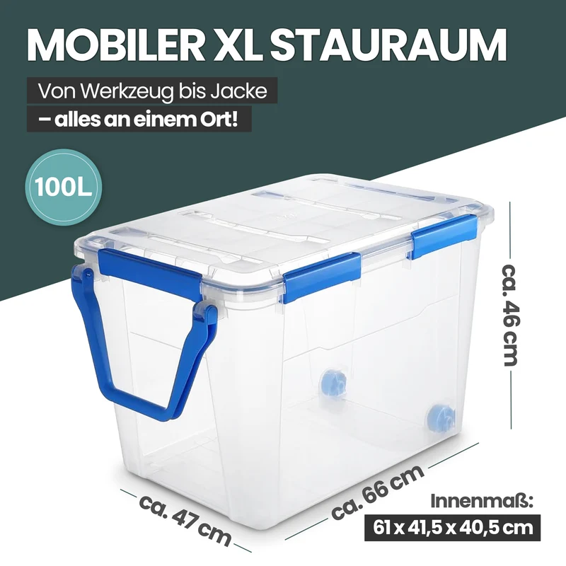 Wasserdichte Box (IP67) mit Deckel und Rollen 100 Liter Volumen (Set wählbar)