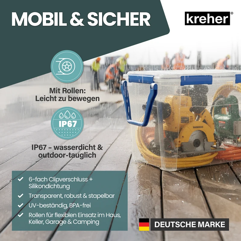 Wasserdichte Box (IP67) mit Deckel und Rollen 100 Liter Volumen (Set wählbar)