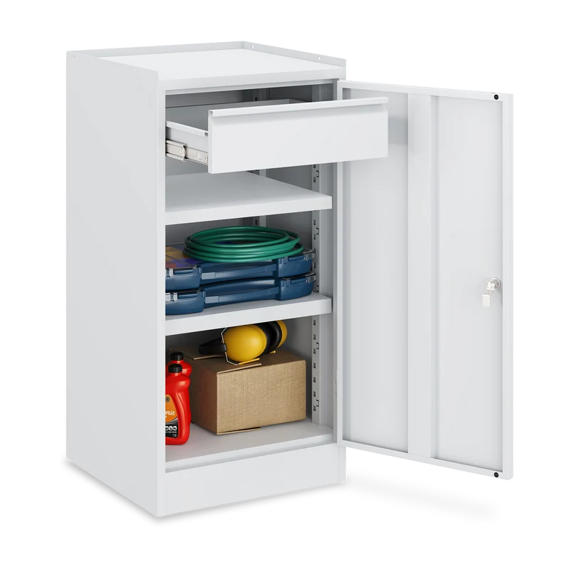 Werkzeugschrank (1-Türe) – 2 Fachböden & 1 Schublade – Lichtgrau