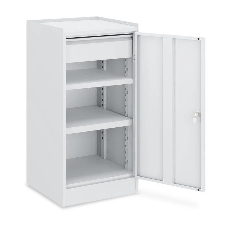 Werkzeugschrank (1-Türe) – 2 Fachböden & 1 Schublade – Lichtgrau