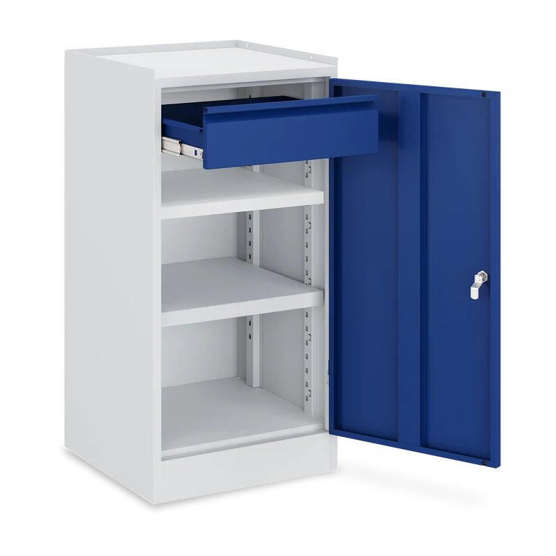 Werkzeugschrank (1-Türe) – 2 Fachböden & 1 Schublade – Lichtgrau