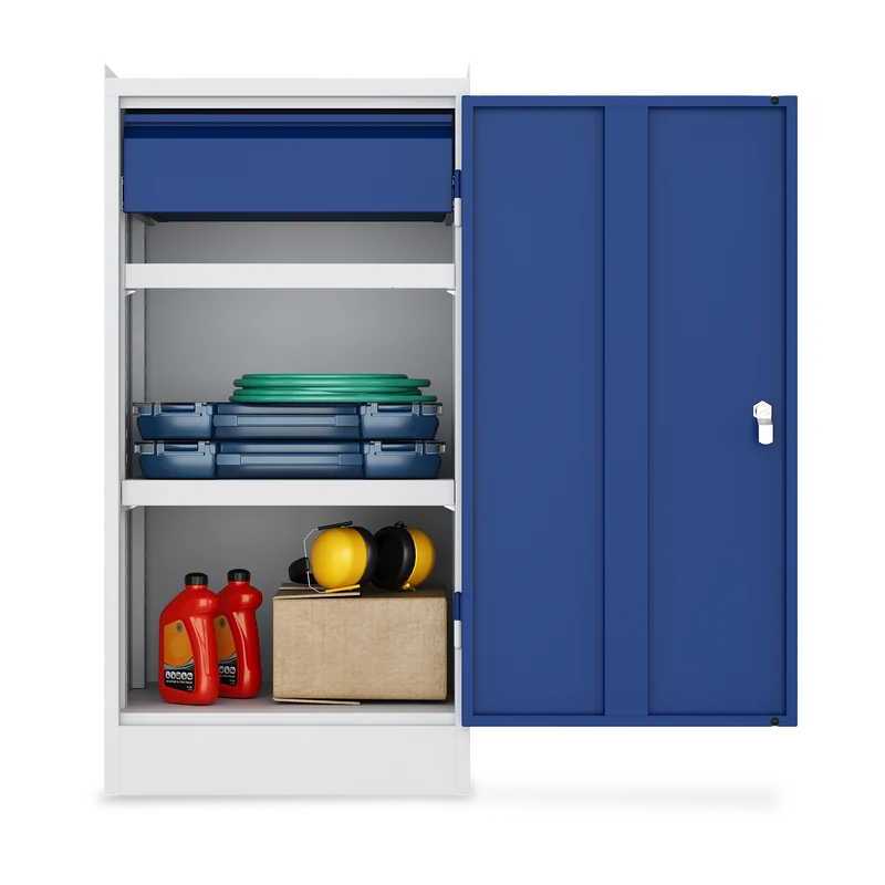 Werkzeugschrank (1-Türe) – 2 Fachböden & 1 Schublade – Lichtgrau