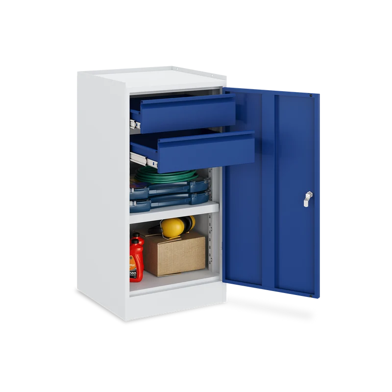 Werkzeugschrank (1-Türe) – 1 Fachboden & 2 Schubladen – Lichtgrau