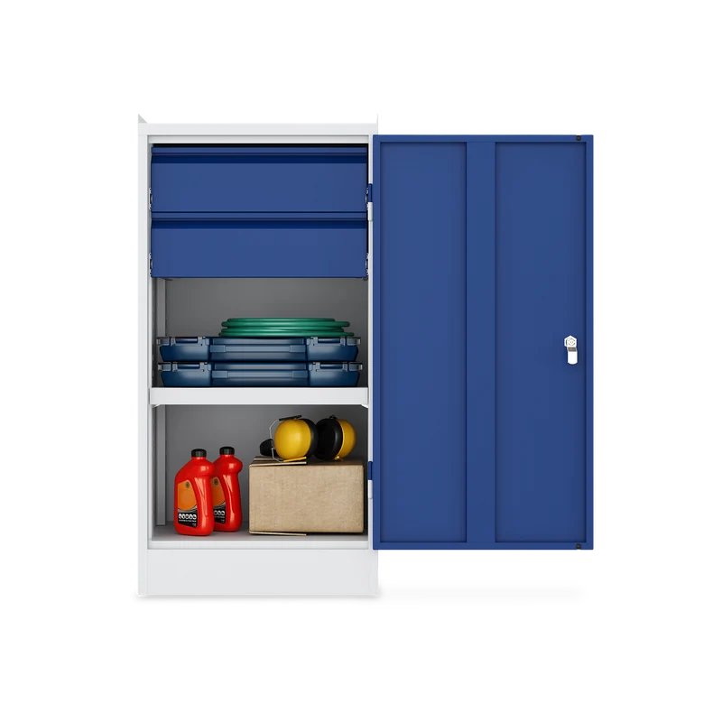 Werkzeugschrank (1-Türe) – 1 Fachboden & 2 Schubladen – Lichtgrau