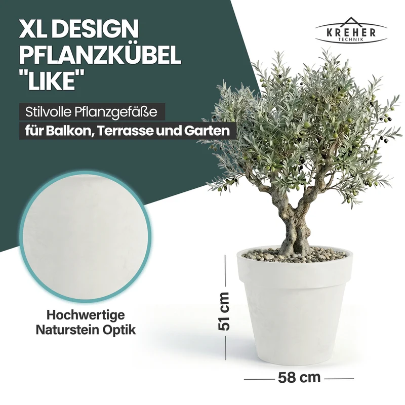 XL Pflanzkübel / Pflanztopf „LIKE“ Ø 58 x H 51 cm - Weiß - Rund, Rollbar - in Natur Stein Optik