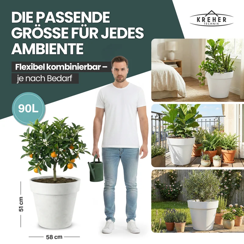 XL Pflanzkübel / Pflanztopf „LIKE“ Ø 58 x H 51 cm - Weiß - Rund, Rollbar - in Natur Stein Optik