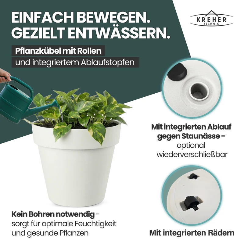 XL Pflanzkübel / Pflanztopf „LIKE“ Ø 58 x H 51 cm - Weiß - Rund, Rollbar - in Natur Stein Optik