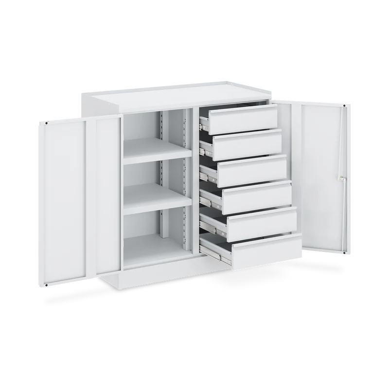 Werkzeugschrank (2-Türen) – 2 Fachböden & 6 Schubladen – Lichtgrau
