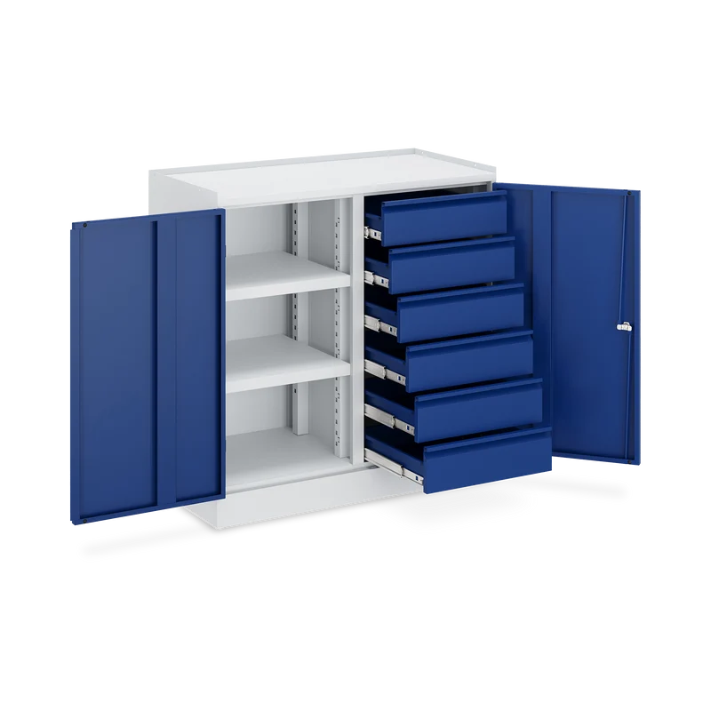 Werkzeugschrank (2-Türen) – 2 Fachböden & 6 Schubladen – Lichtgrau