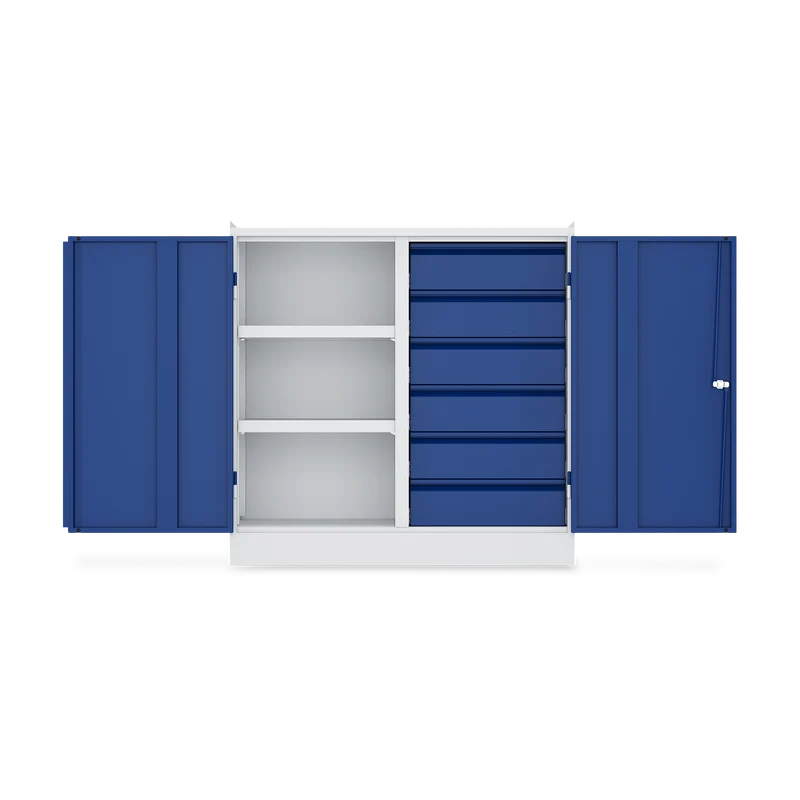 Werkzeugschrank (2-Türen) – 2 Fachböden & 6 Schubladen – Lichtgrau