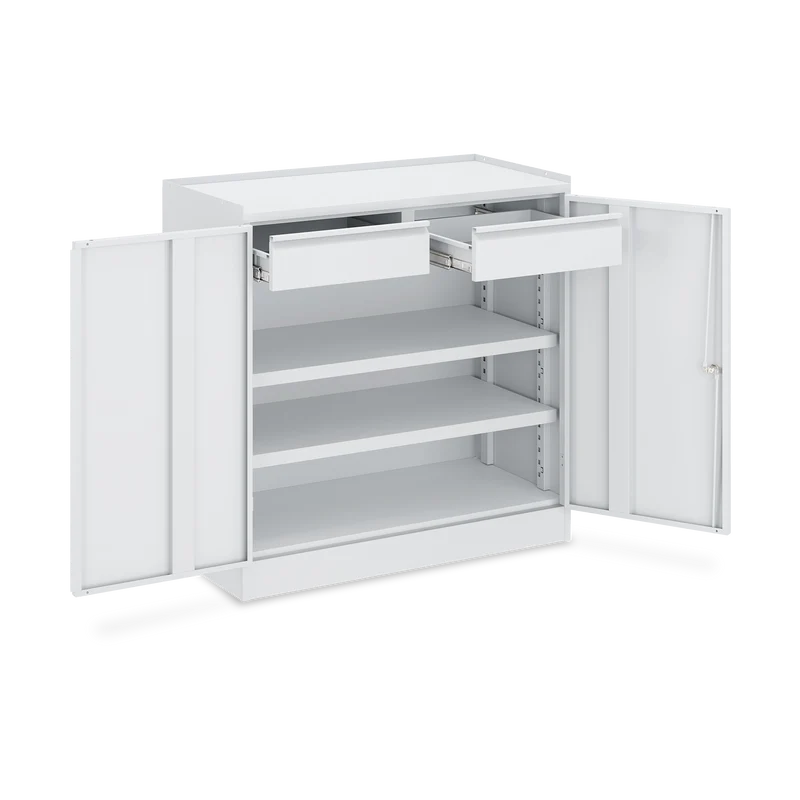Werkzeugschrank (2-Türen) – 2 Fachböden & 2 Schubladen – Lichtgrau