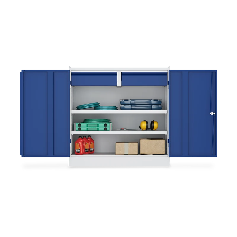 Werkzeugschrank (2-Türen) – 2 Fachböden & 2 Schubladen – Lichtgrau
