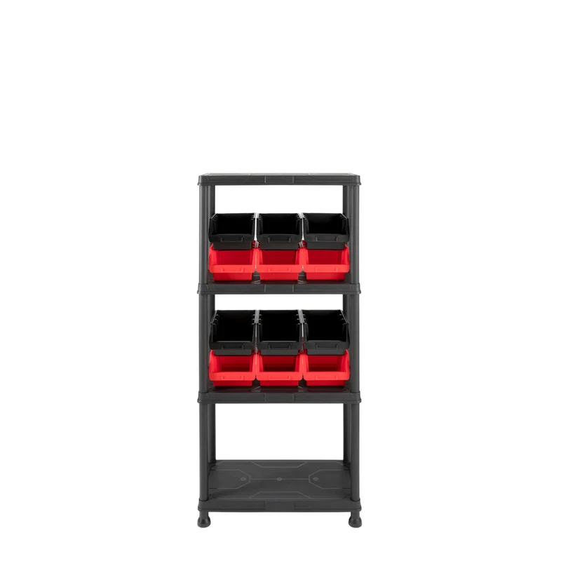 Kunststoffregal 12" Q-Brick mit 4 Böden in Schwarz und Lagerboxen (Set wählbar)