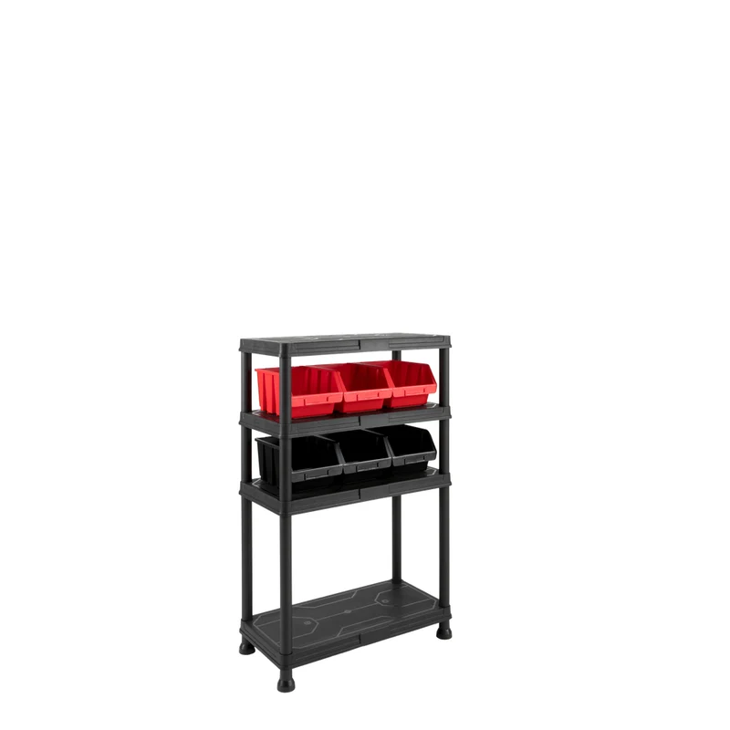 Kunststoffregal 12" Q-Brick mit 4 Böden in Schwarz und Lagerboxen (Set wählbar)
