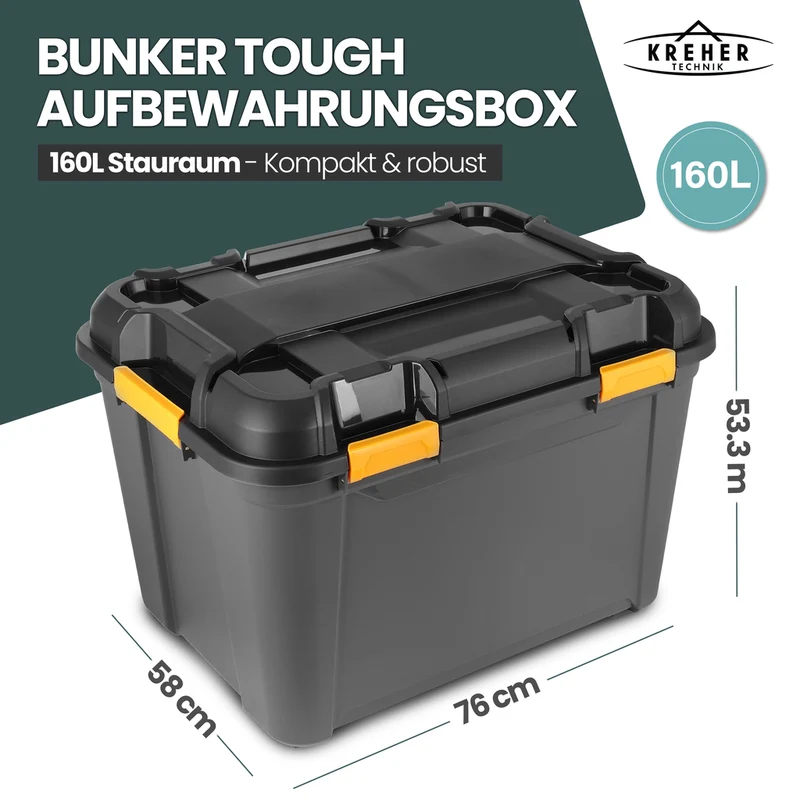 Wasserdichte Aufbewahrungsbox 'Bunker' 160 Liter mit Deckel - IPX7 (Set wählbar)
