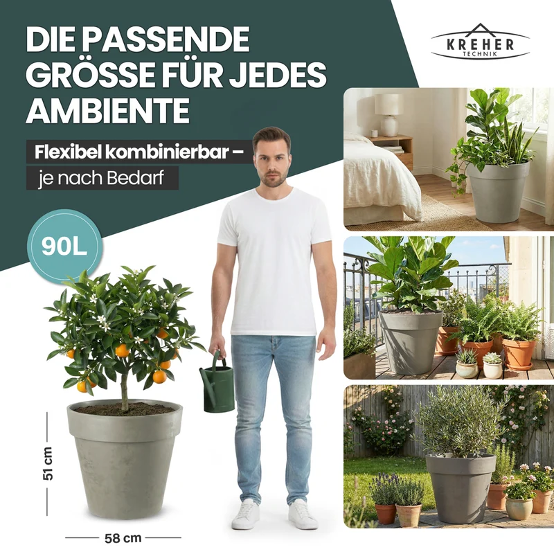 XL Pflanzkübel / Pflanztopf „LIKE“ Ø 58 x H 51 cm - Braun - Rund, Rollbar - in Natur Stein Optik