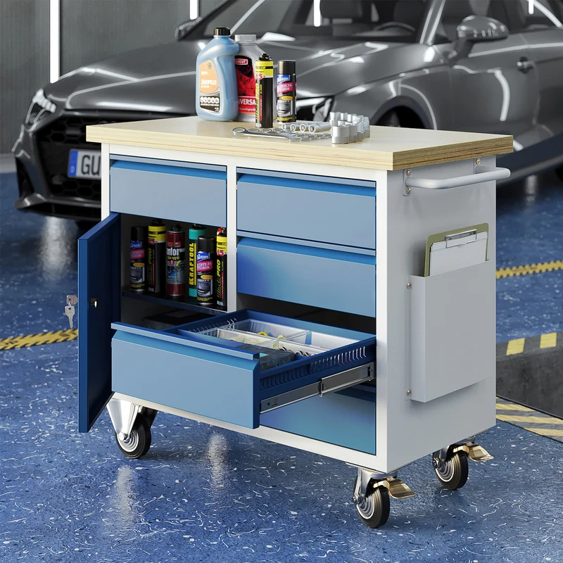 Werkzeugwagen (1-Türe & 4-Schübe) mit Lenkrollen – Lichtgrau