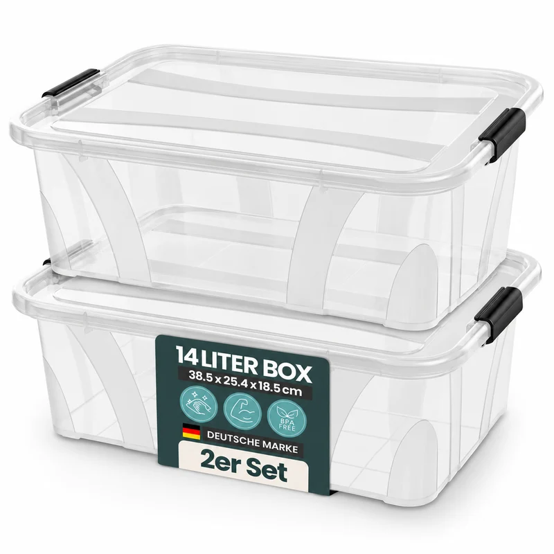 2 x Aufbewahrungsbox 'Master' Box mit Deckel - 14 Liter Volumen, in Transparent