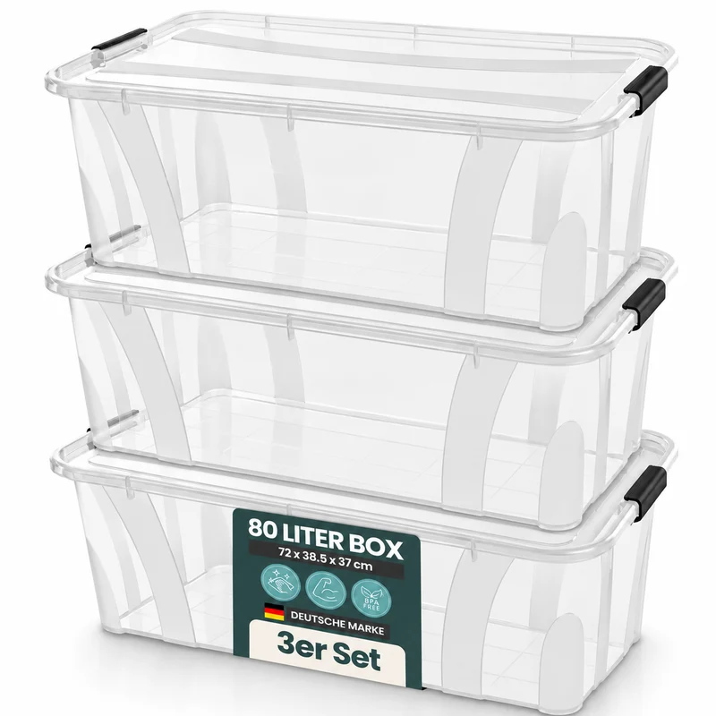 3 x Aufbewahrungsbox 'Master' Box mit Deckel - 80 Liter Volumen, in Transparent